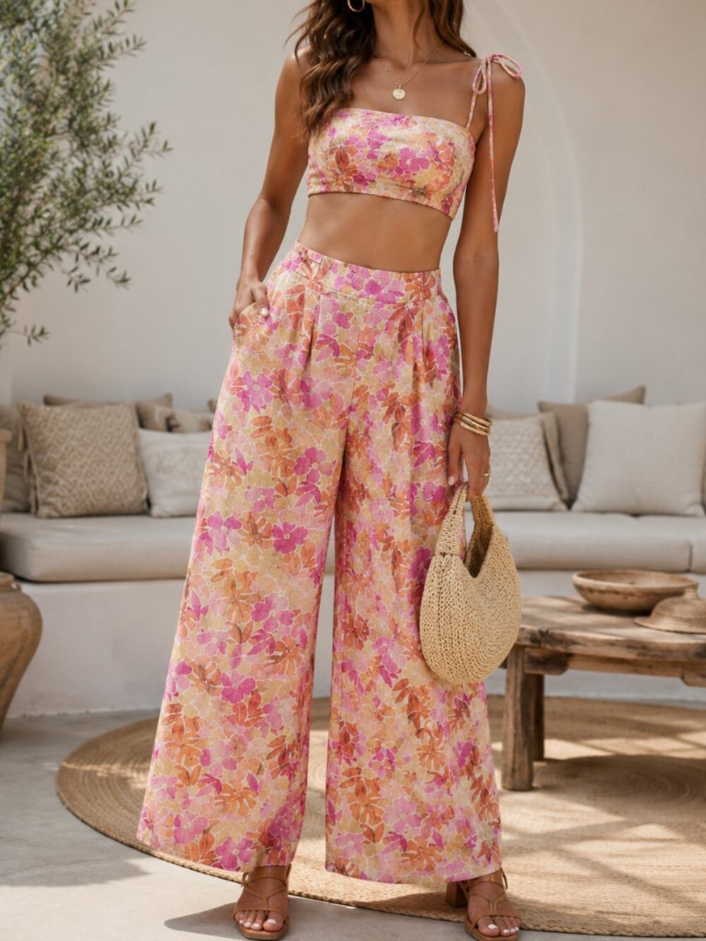 Lulus Island Imaginings Floral Linen Blend Two Piece Set Wide Leg Pants M